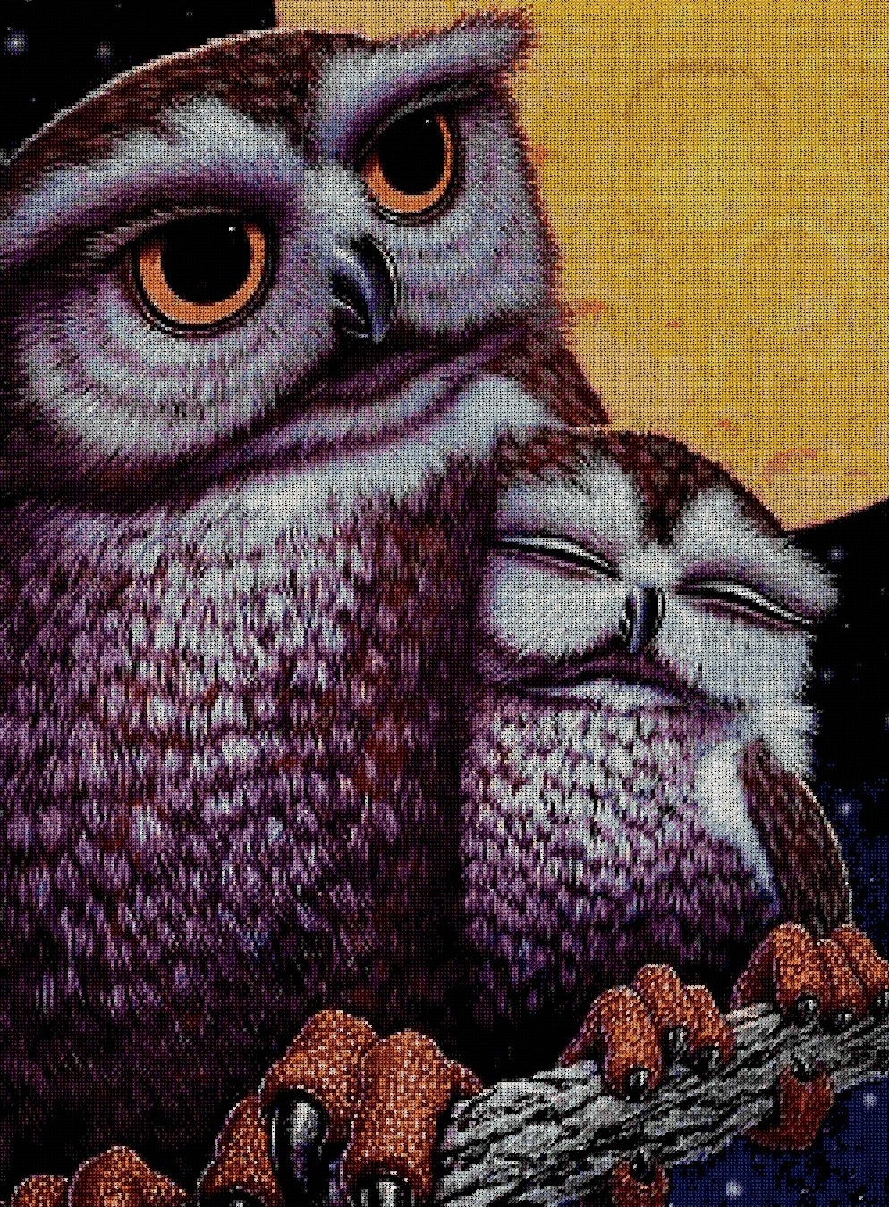 ANIBUH: Esquema de punto de cruz para descargar en PDF, imprimir y bordar madre e hijo buhos con luna llena