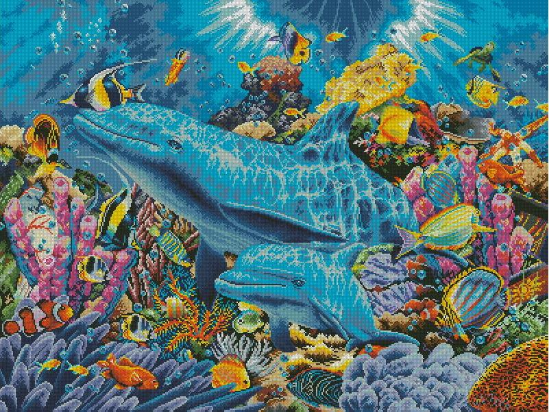 ANIDELFIN-2: Gráfico de punto de cruz para descargar en PDF, imprimir y bordar dibujo con delfines bajo el mar