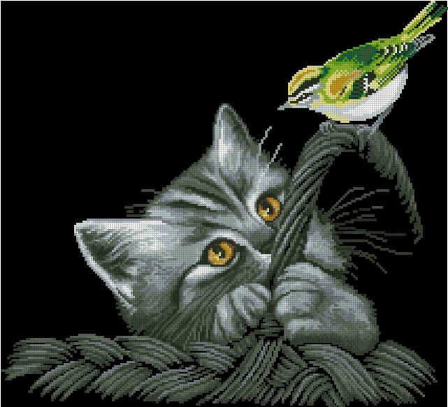 ANIGYP-2: bordado a punto de cruz de gato y pájaro sobre fondo negro