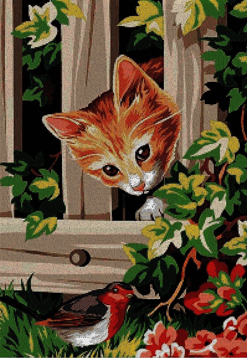 ANIGYP: Gráfico de punto de cruz para descargar en PDF, imprimir y bordar dibujo de gatito persiguiendo pájaro