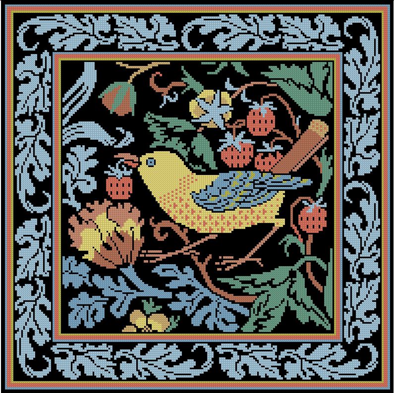 ANIPAJ-2: Gráfico de punto de cruz para descargar en PDF, imprimir y bordar dibujo basado en la pintura de William Morris "strawberry thief"