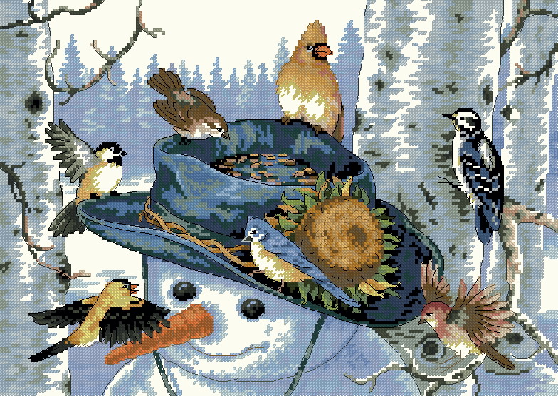 ANIPAJ-4: bordado a punto de cruz de pájaros sobre muñeco de nieve