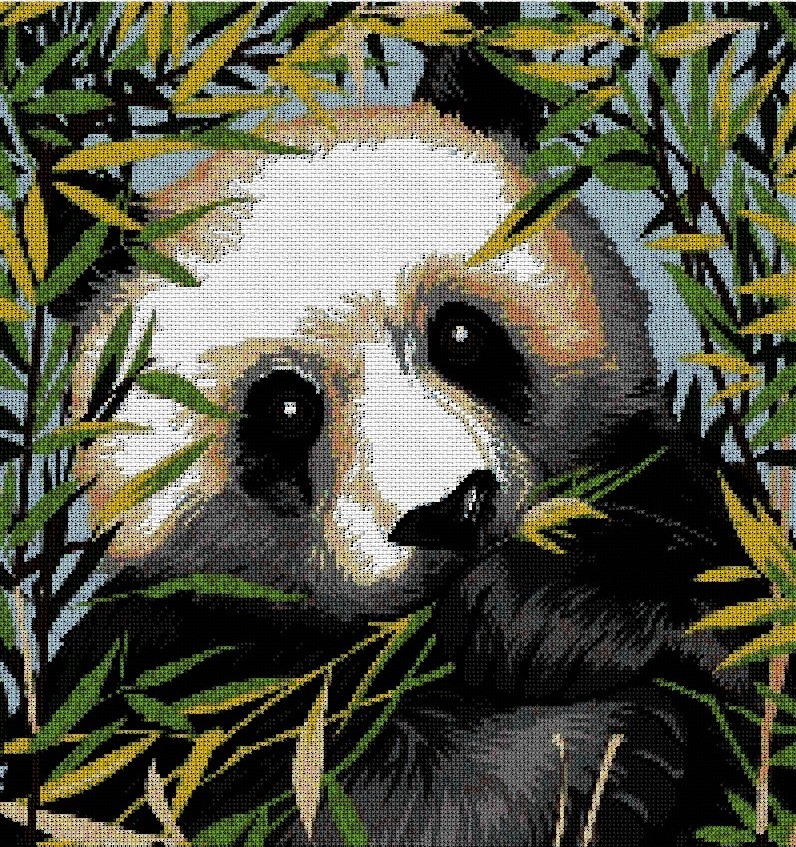 ANIPANDA: Gráfico de punto de cruz para descargar en PDF, imprimir y bordar dibujo de oso panda entre bambú