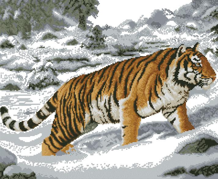 ANITIG-3: Gráfico de punto de cruz para descargar GRATIS en PDF al comprar ANITIG-2, imprimir y bordar tigre entre la nieve