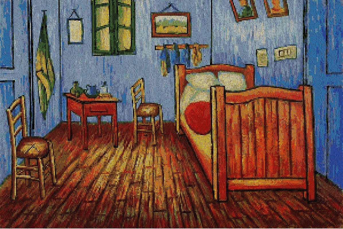 ARVANG-1: Gráfico de punto de cruz para descargar en PDF, imprimir y bordar dibujo basado en el cuadro de Van Gogh "El dormitorio en Arlés"