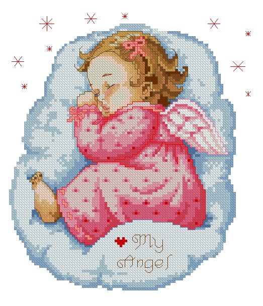 BBANGEL-3: bordado a punto de cruz de bebé ángel niña dormida sobre nube