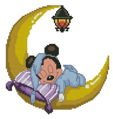 BBMICKEY-1: bordado a punto de cruz de bebé Mickey Mouse dormido sobre luna