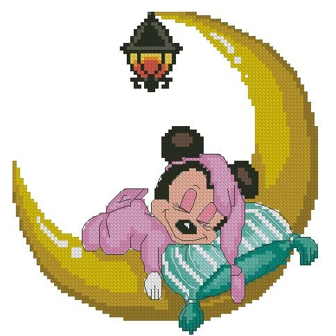 BBMINNIE-1: bordado a punto de cruz de bebé Minnie Mouse dormida sobre luna