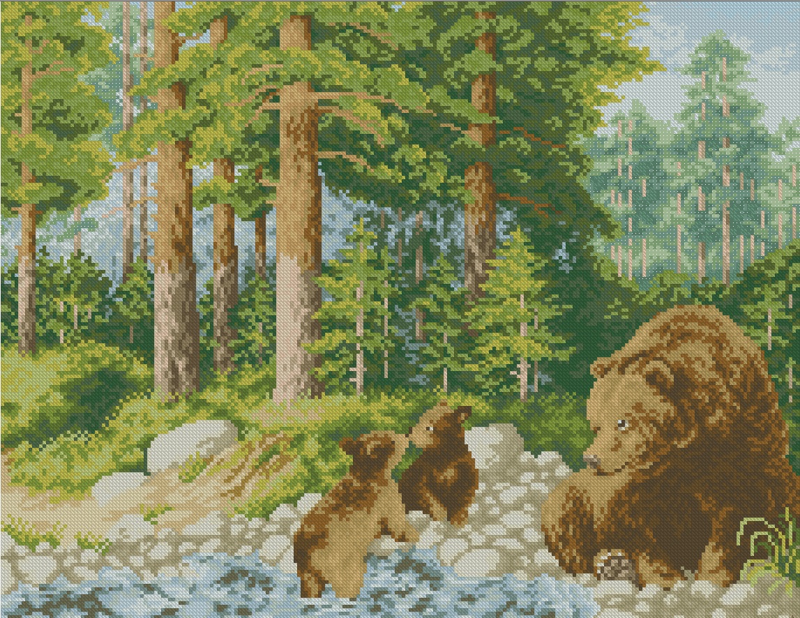 BEARS-1: bordado a punto de cruz de osos en el bosque