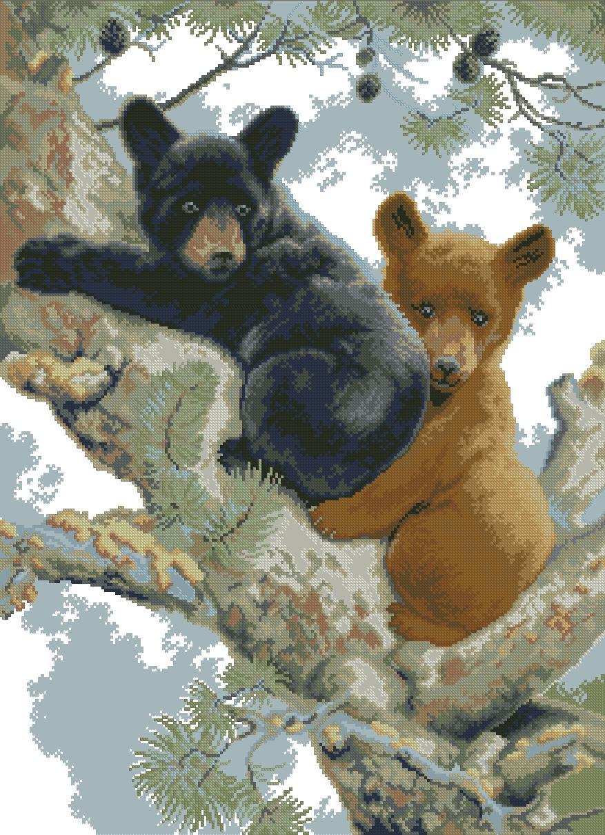 BEARS-2: Gráfico de punto de cruz para descargar en PDF, imprimir y bordar dos oseznos subidos a un árbol