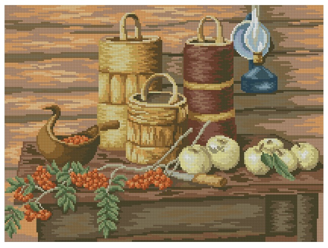 BODEGON-3: Gráfico de punto de cruz para descargar en PDF, imprimir y bordar bodegón con frutos de otoño