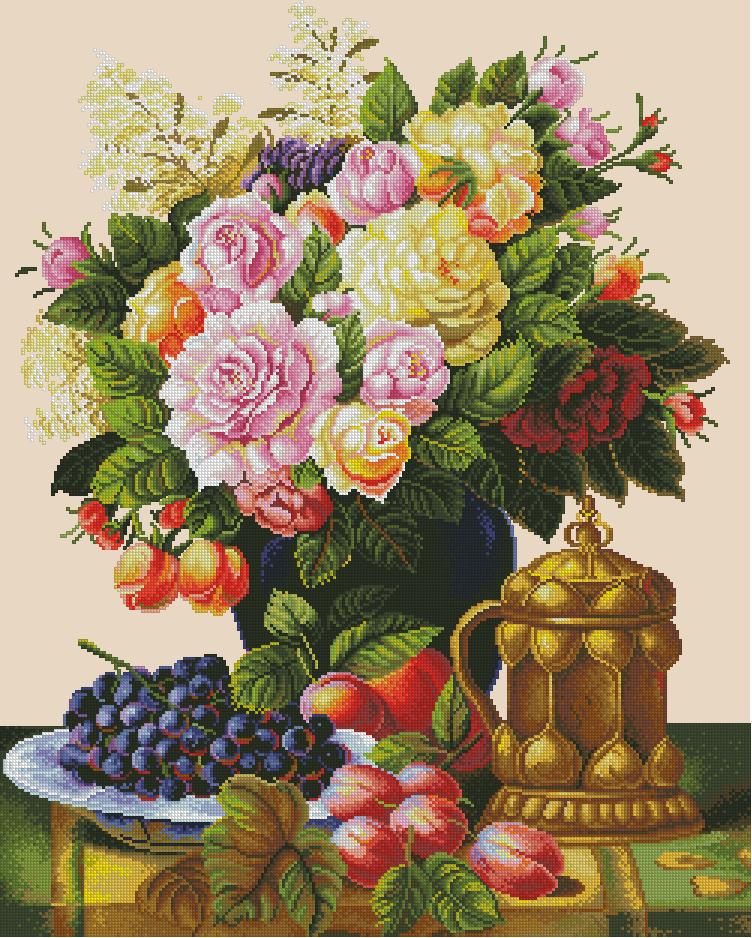 BODEGON-8: Gráfico de punto de cruz para descargar en PDF, imprimir y bordar bodegón con flores, uvas y ciruelas