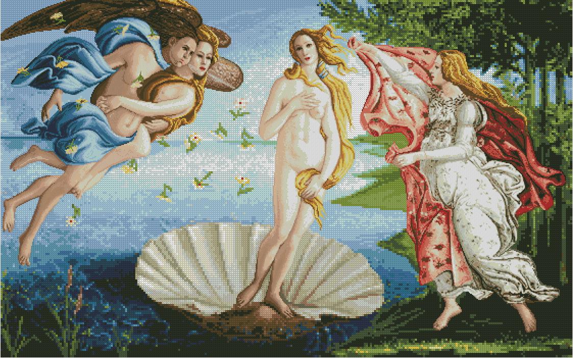 BOTTICELLI-2: Gráfico de punto de cruz para descargar en PDF, imprimir y bordar dibujo basado en la pintura de Botticelli "El nacimiento de Venus"