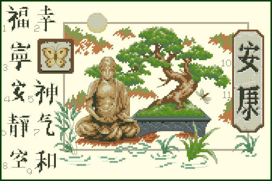 BUDA-1: Gráfico de punto de cruz para descargar en PDF, imprimir y bordar dibujo de Buda y bonsai
