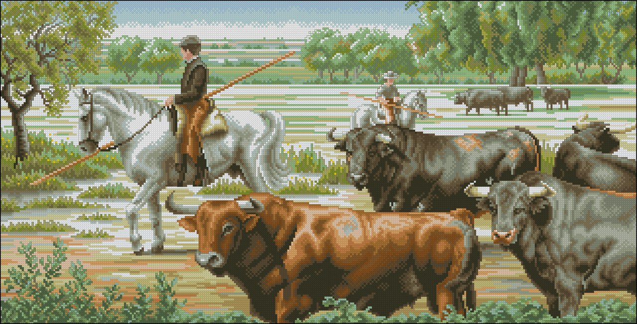 BULLS-1: Gráfico de punto de cruz para descargar en PDF, imprimir y bordar dibujo de toros de lidia en el campo