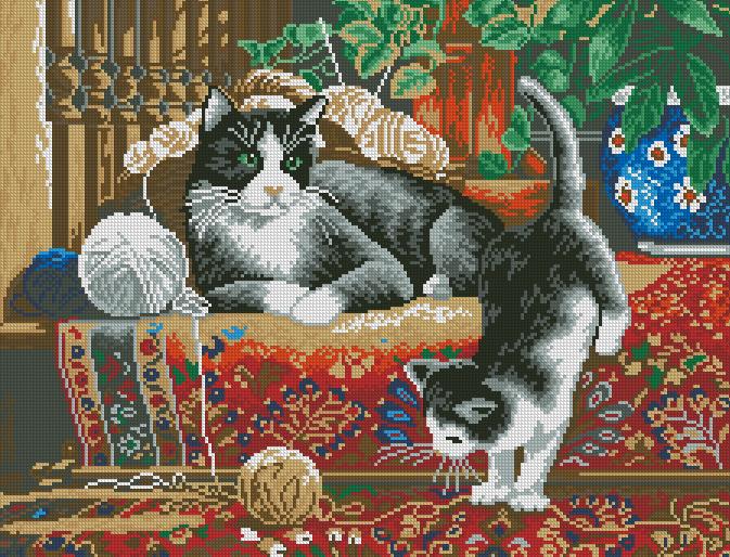 CATS-1: Gráfico de punto de cruz para descargar en PDF, imprimir y bordar dibujo de gata y su gatito