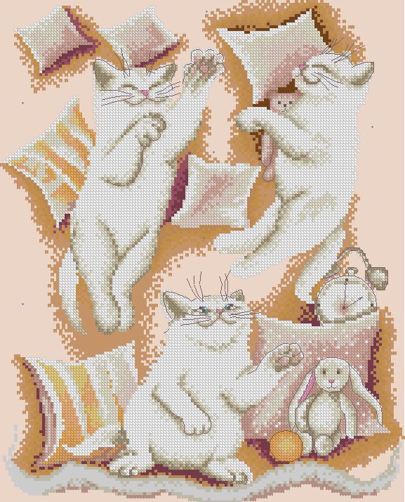 CATS-2: Gráfico de punto de cruz para descargar en PDF, imprimir y bordar dibujo de gatos blancos entre cojines