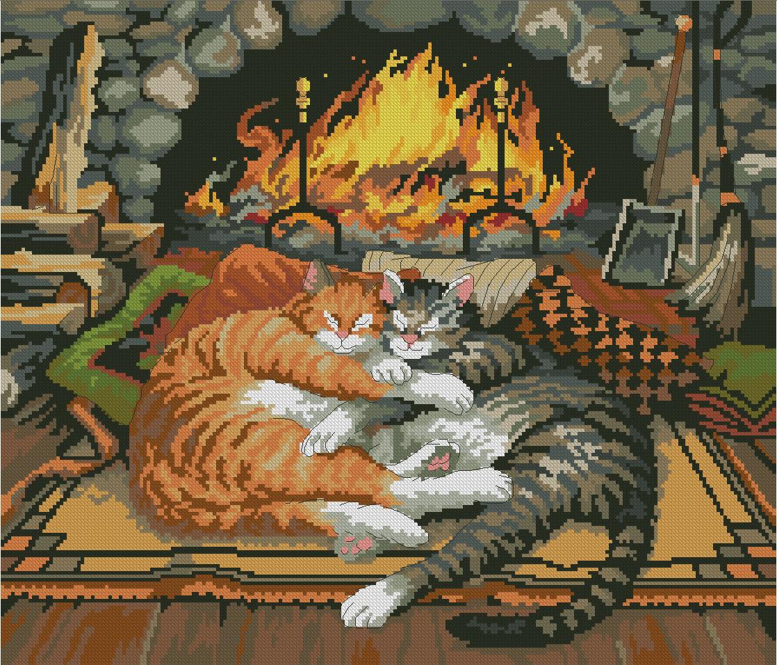 CATS-5: bordado a punto de cruz de gatos frente a chimenea