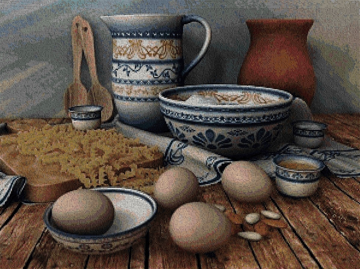 CKBODRUS: Gráfico de punto de cruz para descargar en PDF, imprimir y bordar bodegón con pasta, cuencos y huevos