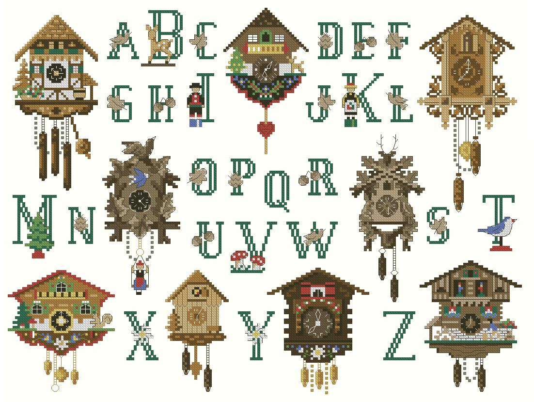 CLOCKS-ABC: bordado a punto de cruz de relojes de cuco y abecedario