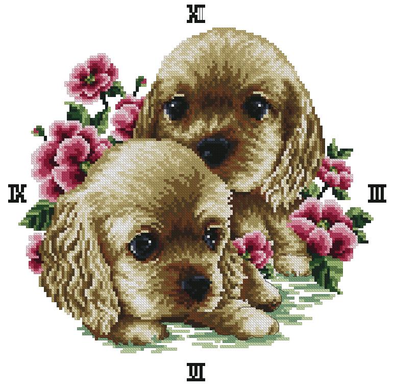 COCKER-1: Gráfico de punto de cruz para descargar en PDF, imprimir y bordar reloj con dibujo de dos cachorros de perro cocker spaniel