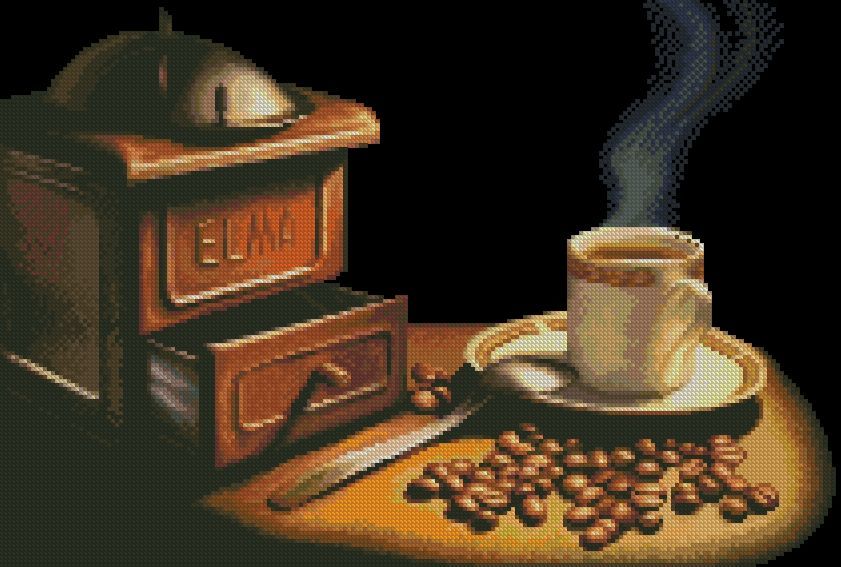 COFFEE-1: Gráfico de punto de cruz para descargar en PDF, imprimir y bordar dibujo con molinillo, taza y granos de café