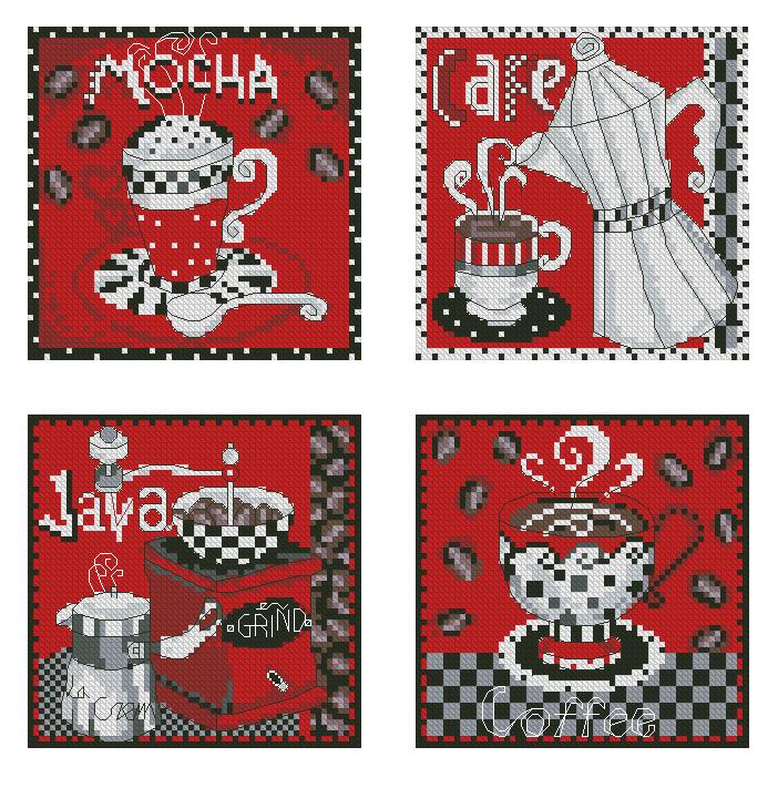 COFFEE-3: Gráfico de punto de cruz para descargar en PDF, imprimir y bordar dibujo con cafeteras, molinillo y tazas de café