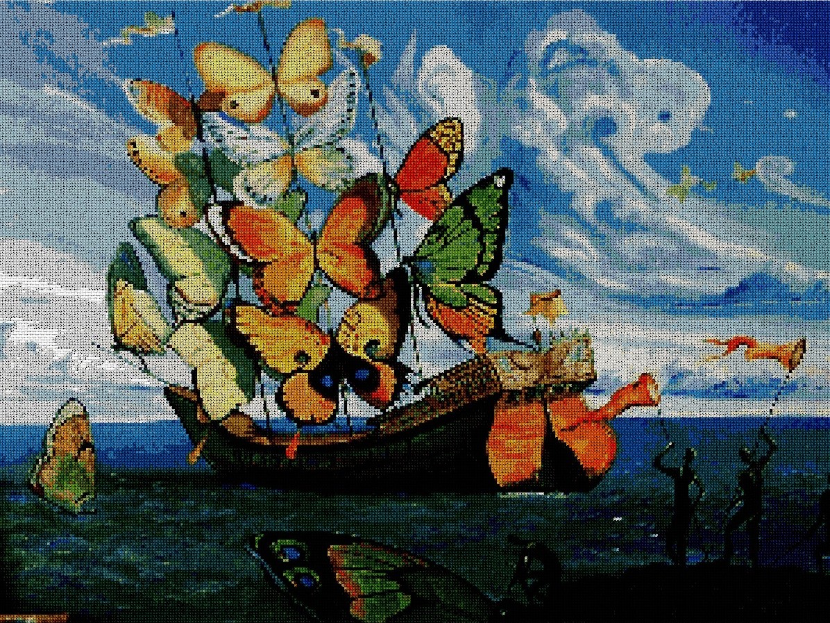 DALIBAR: bordado a punto de cruz del cuadro barco de las mariposas