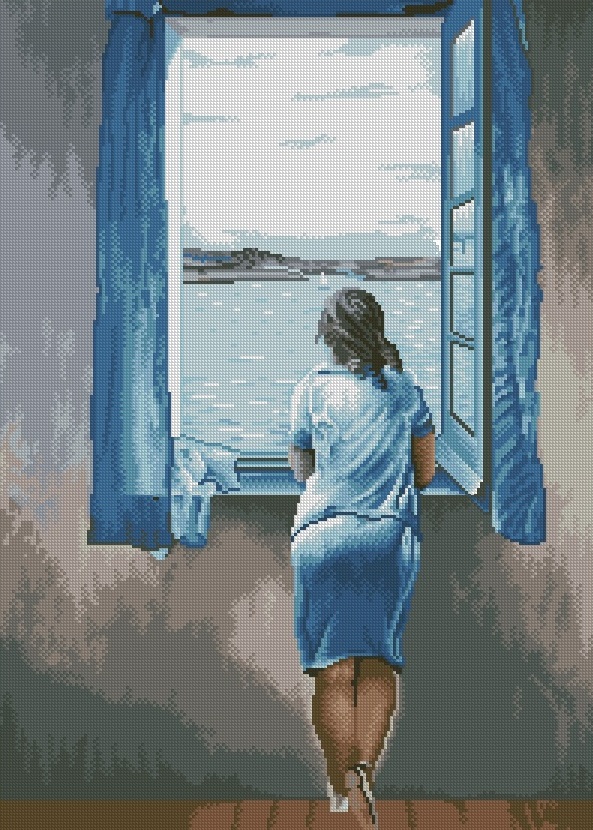 DALIVEN-2: bordado a punto de cruz de dibujo basado en el cuadro de Dali "muchacha en la ventana"