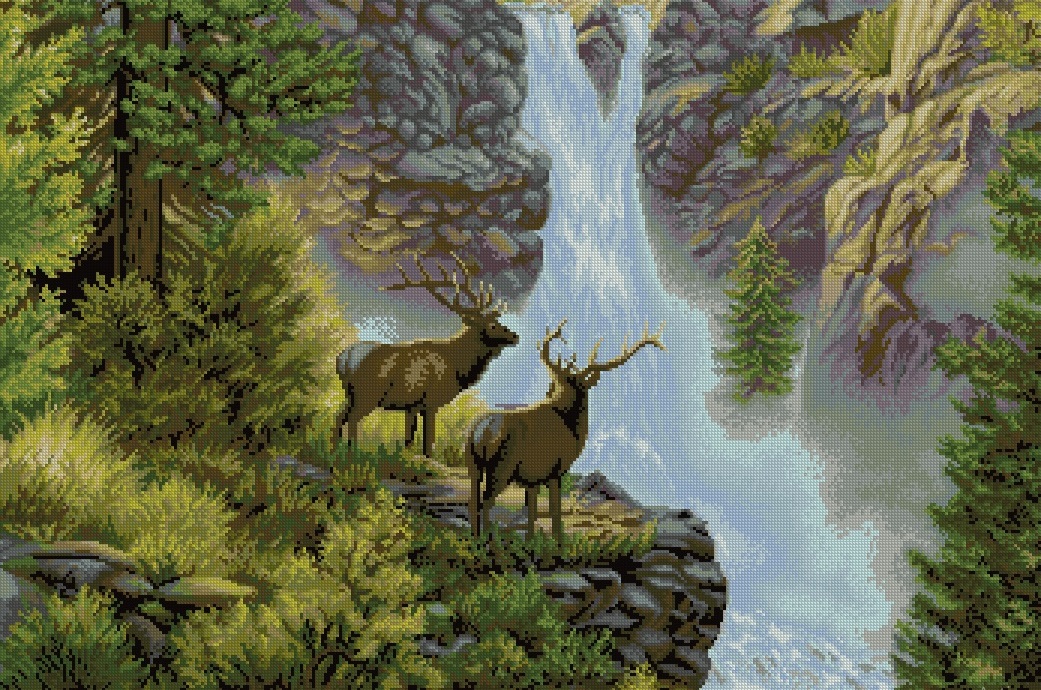 DEER-1: bordado a punto de cruz de ciervos en cascada