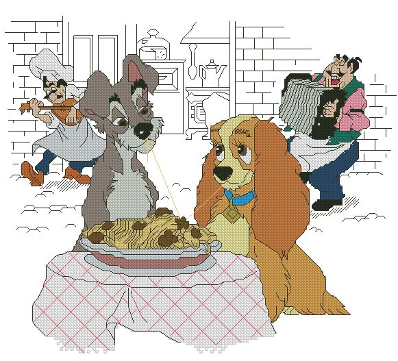 DISNEY-2: Gráfico de punto de cruz para descargar en PDF, imprimir y bordar escena de la película Disney "La dama y el vagabundo"