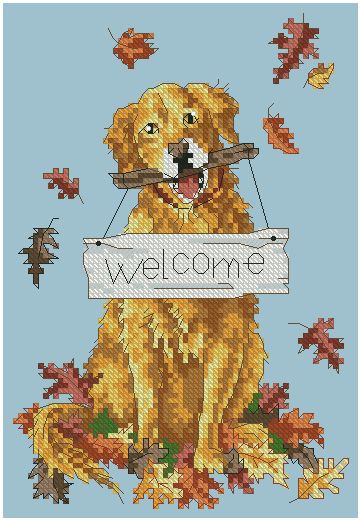 DOG-2: bordado a punto de cruz de perro con cartel "Welcome"