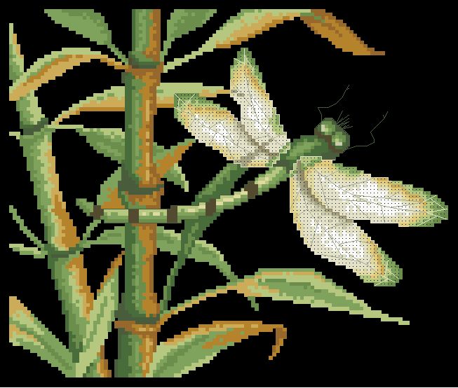 DRAGONFLY-1: bordado a punto de cruz de dibujo con libélula entre bambú