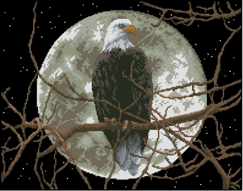 EAGLE-1: bordado a punto de cruz de águila en noche de luna llena
