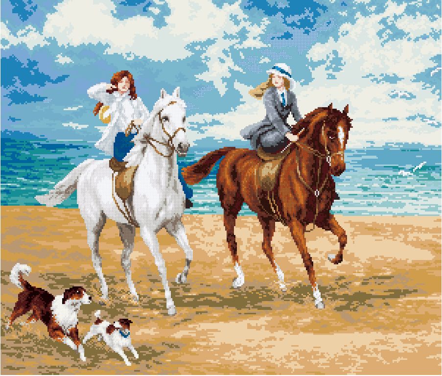 ESCAB-1: Gráfico de punto de cruz para descargar en PDF, imprimir y bordar escena de mujeres paseando por la playa a caballo