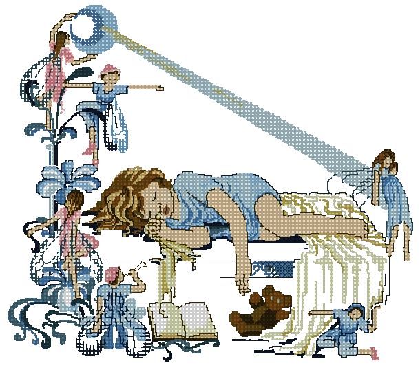 FAIRIES-1: Gráfico de punto de cruz para descargar en PDF, imprimir y bordar dibujo infantil de niña soñando con hadas