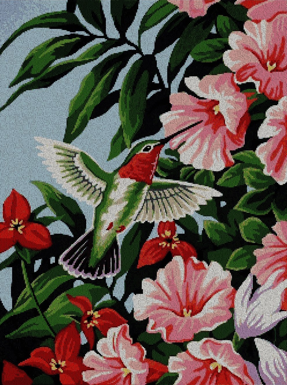 FLCOL-2: Gráfico de punto de cruz para descargar en PDF, imprimir y bordar dibujo de colibrí con flores