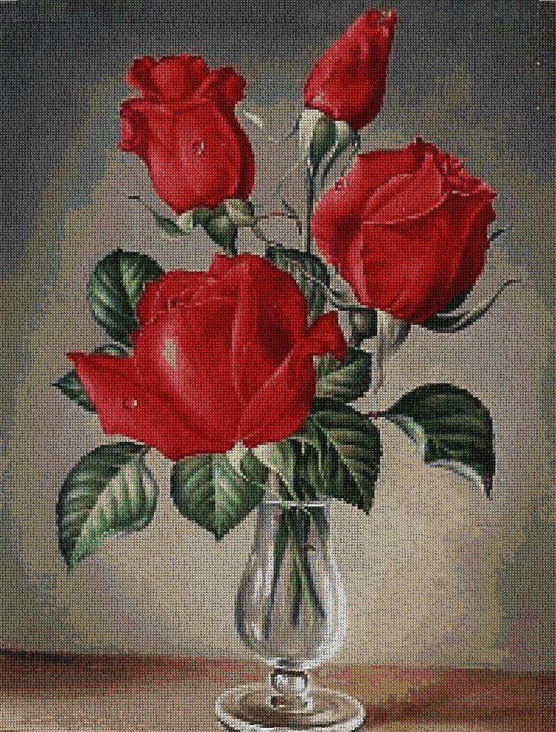 FLJROS-1: bordado a punto de cruz de ramillete de rosas rojas