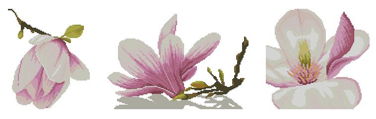 FLORES-3: Gráfico de punto de cruz para descargar en PDF, imprimir y bordar tríptico con dibujos de flor de almendro