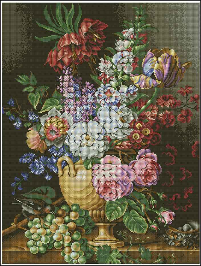 FLVASE-1: Gráfico de punto de cruz para descargar en PDF, imprimir y bordar jarrón con flores