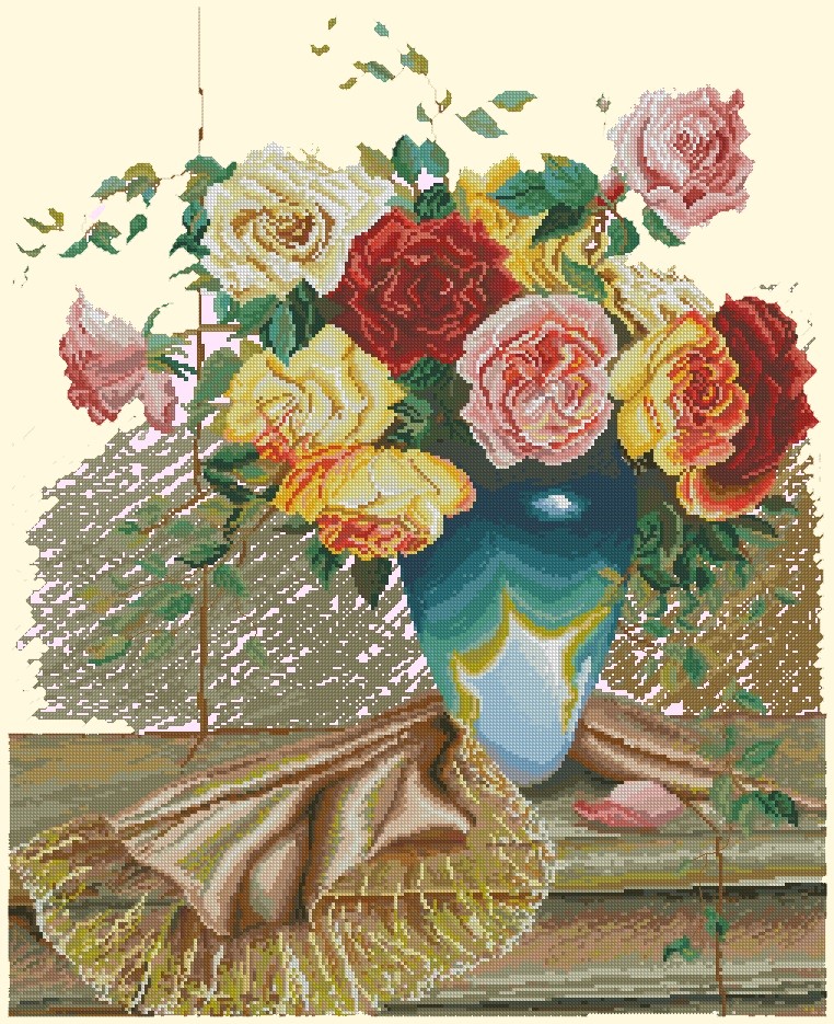 FLVASE-10: bordado a punto de cruz de jarrón con flores