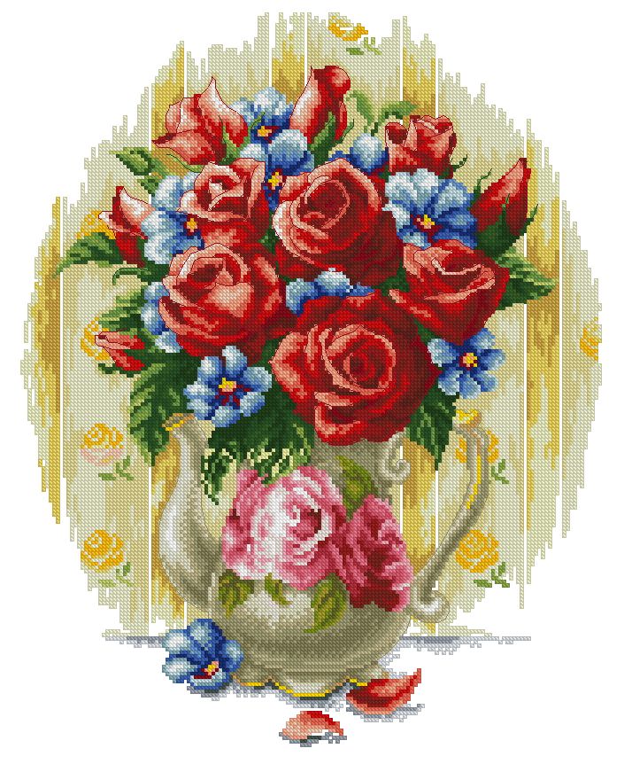 FLVASE-2: Gráfico de punto de cruz para descargar en PDF, imprimir y bordar dibujo de jarrón con rosas rojas