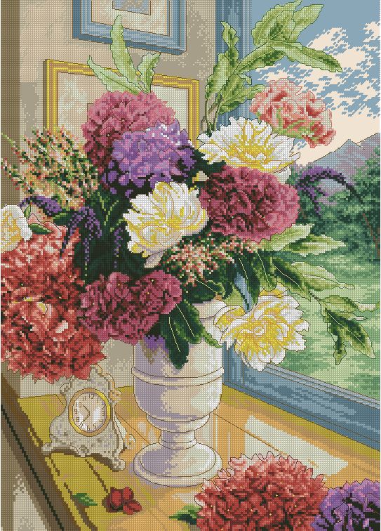 FLVASE-3: Gráfico de punto de cruz para descargar en PDF, imprimir y bordar jarrón con flores frente a ventana