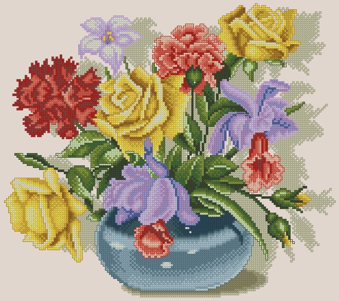 FLVASE-4: Gráfico de punto de cruz para descargar en PDF, imprimir y bordar dibujo de jarrón con flores