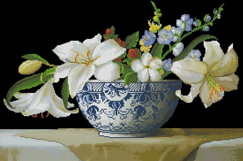 FLVASE-8: bordado a punto de cruz de cuenco con flores blancas