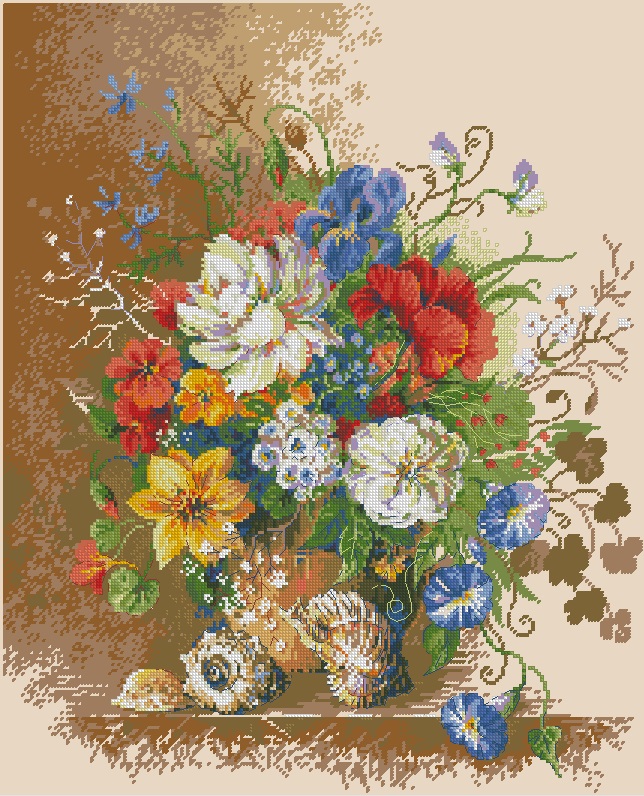FLVASE-9: bordado a punto de cruz de jarrón con flores y caracolas