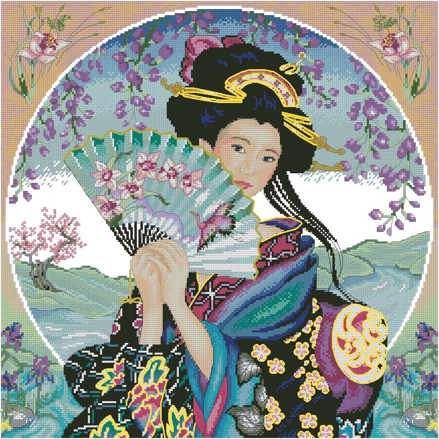 GEISHA-1: bordado a punto de cruz de geisha japonesa