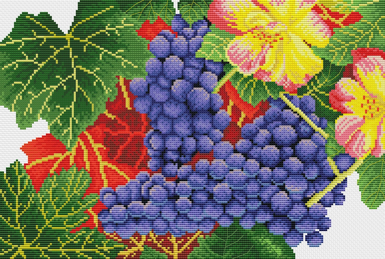 GRAPES-1: bordado a punto de cruz de racimos de uvas
