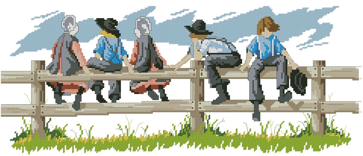 INFAMISH: Bordado a punto de cruz de dibujo infantil con niños amish sobre valla