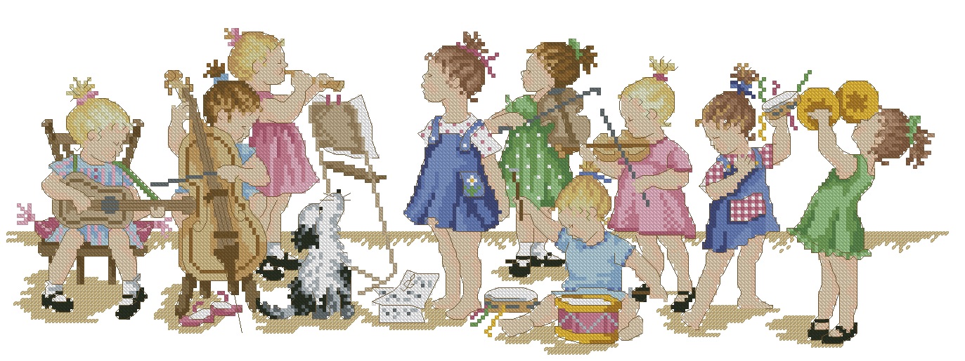 INFBANDA: Gráfico de punto de cruz para descargar en PDF, imprimir y bordar niños tocando en banda de música